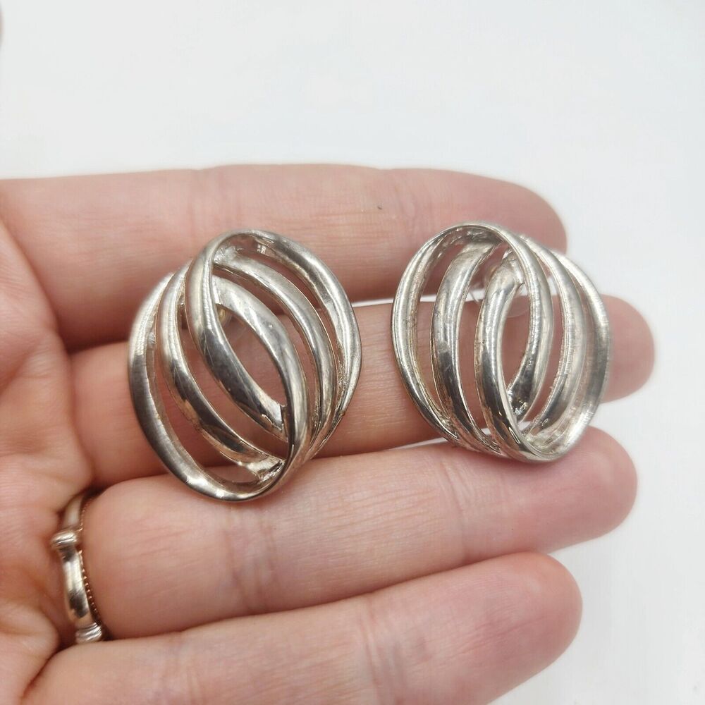 Vintage Large ERWIN PEARL Swirl Silver Tone Earrings Ribbed Pierced Marked PEP
